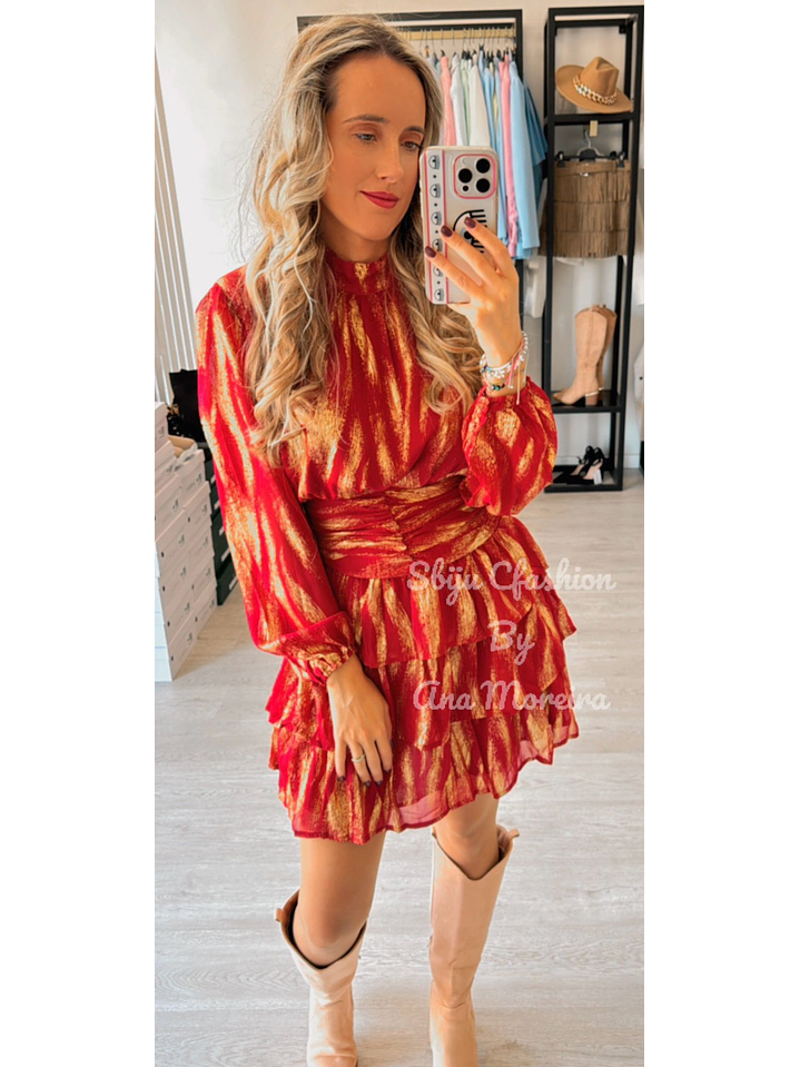 Vestido com Folhos e Detalhes Dourados 1