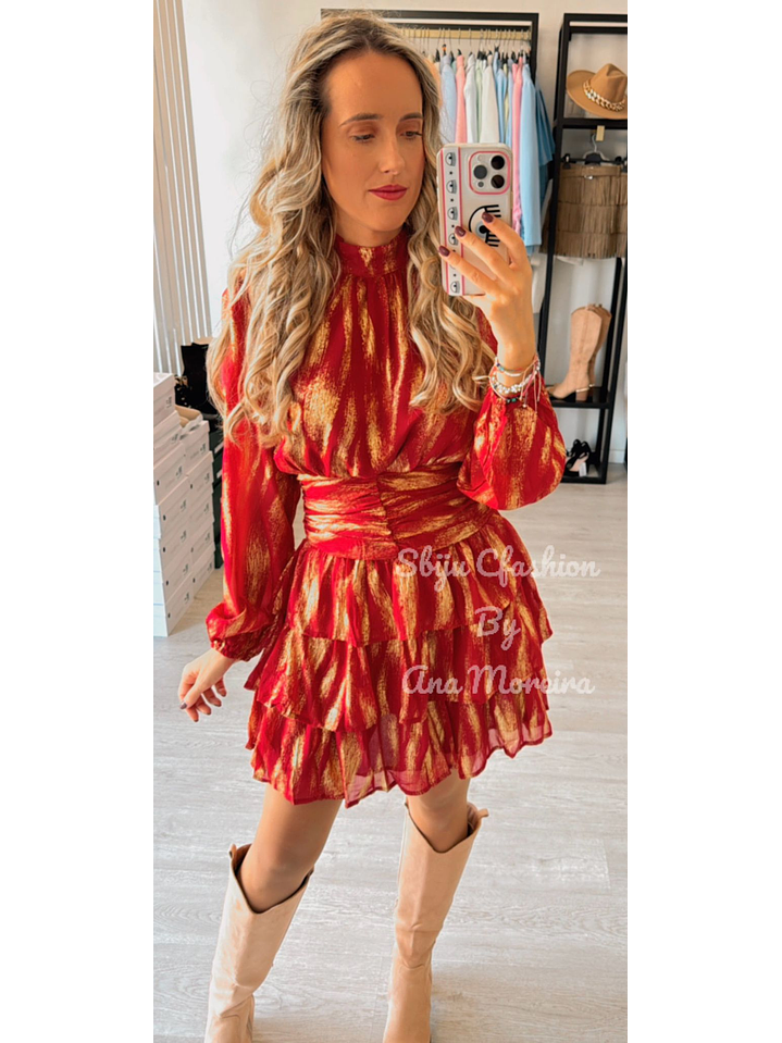 Vestido com Folhos e Detalhes Dourados 3