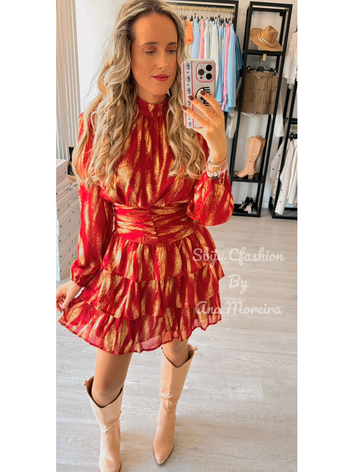 Vestido com Folhos e Detalhes Dourados 7