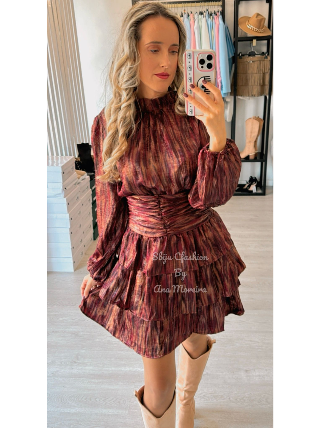 Vestido Bordô Estampado com Folhos 5