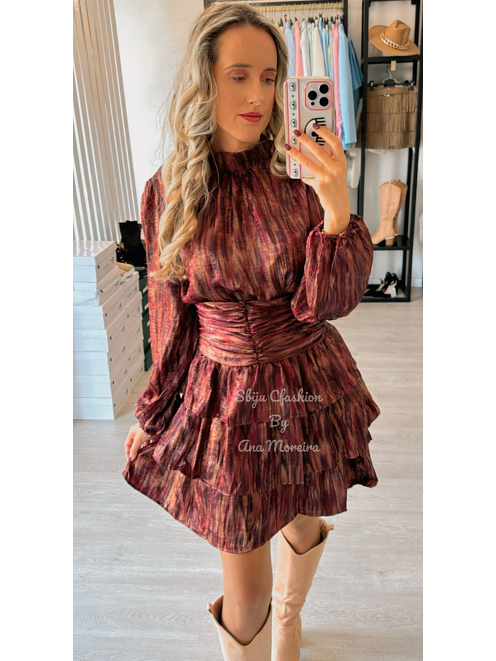 Vestido Bordô Estampado com Folhos 5