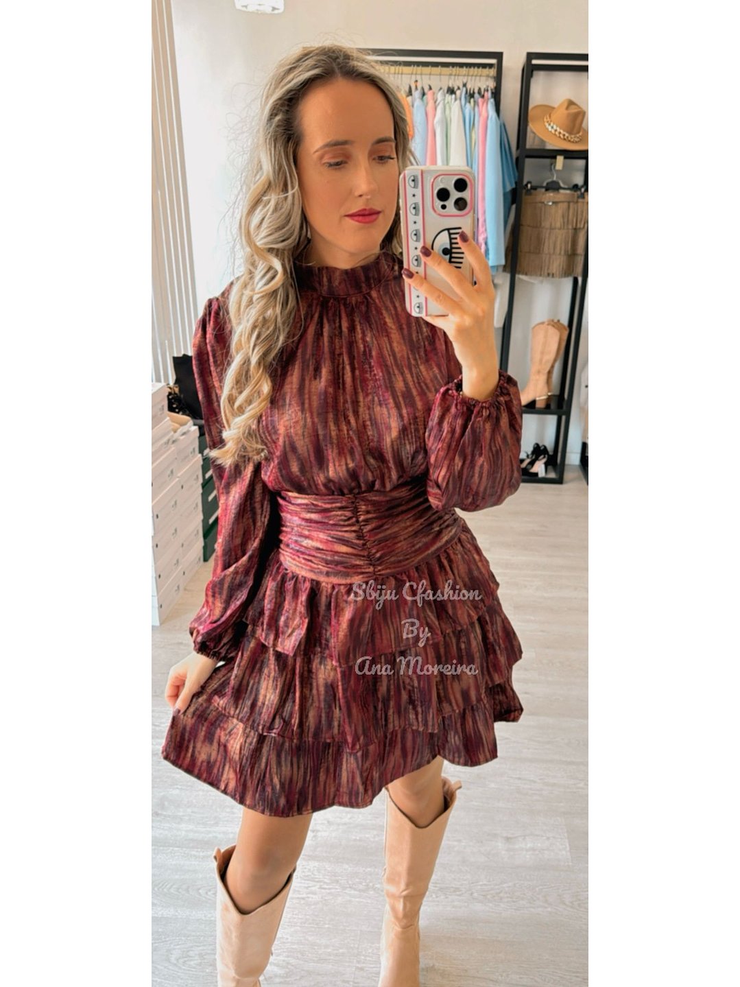 Vestido Bordô Estampado com Folhos 4