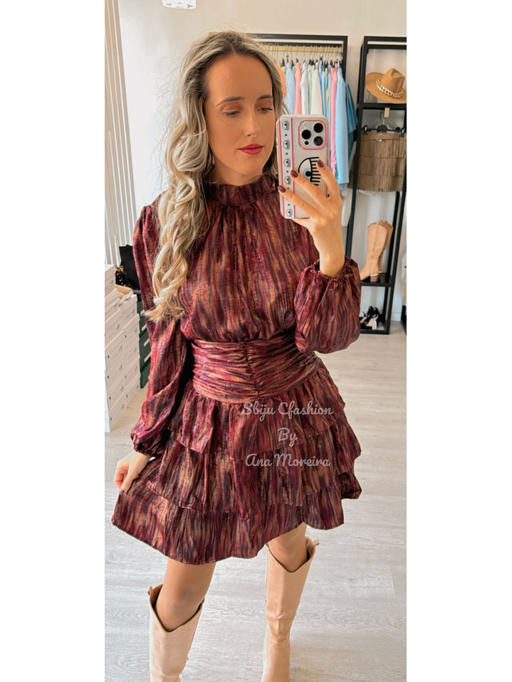 Vestido Bordô Estampado com Folhos 4