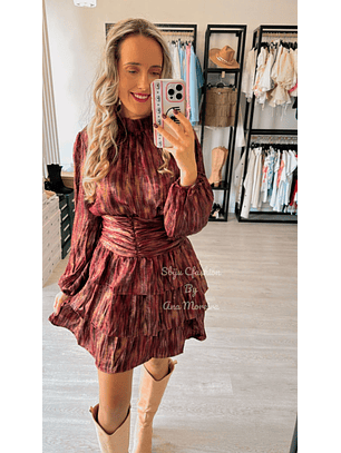 Vestido Bordô Estampado com Folhos