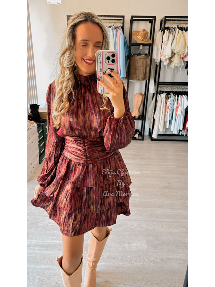 Vestido Bordô Estampado com Folhos 1