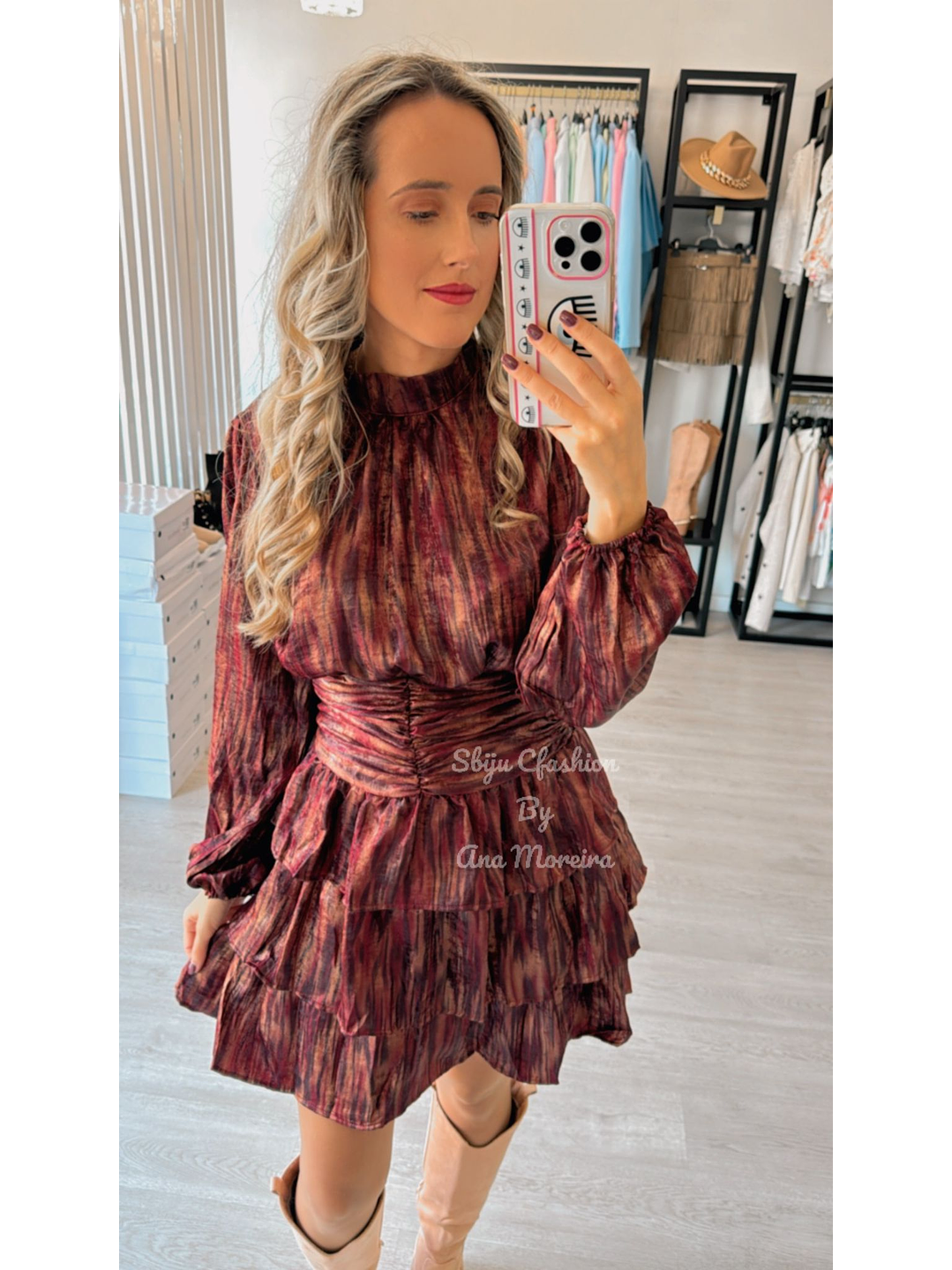 Vestido Bordô Estampado com Folhos 3