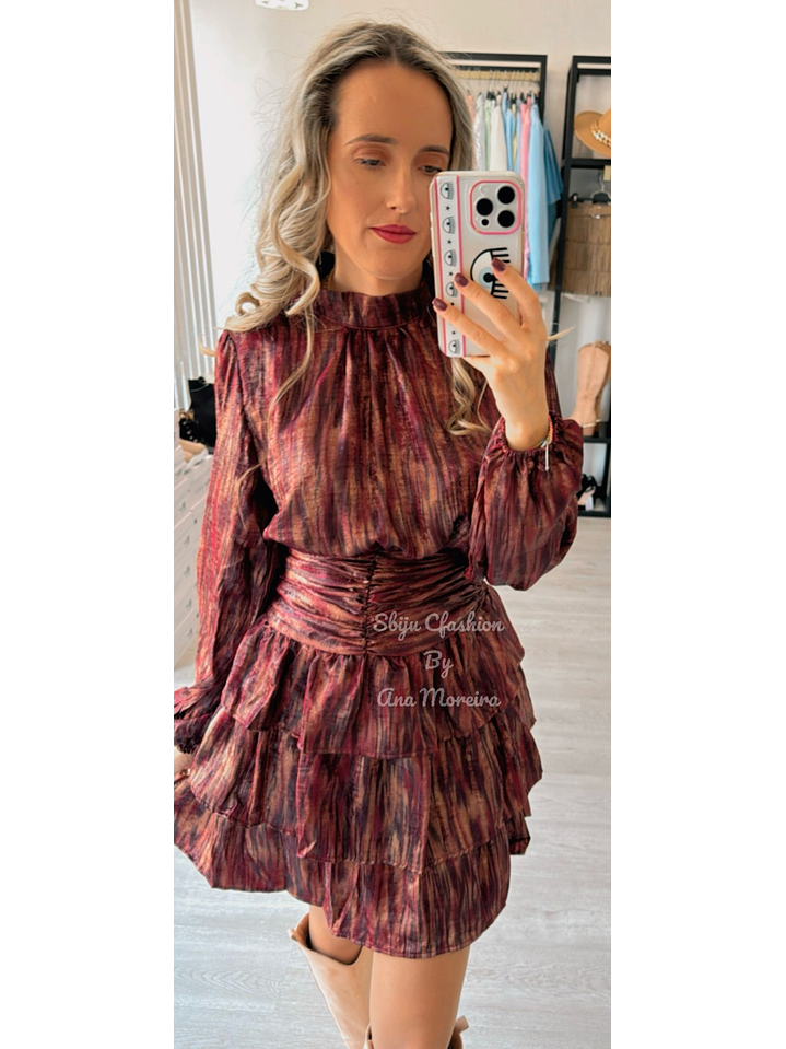 Vestido Bordô Estampado com Folhos 6