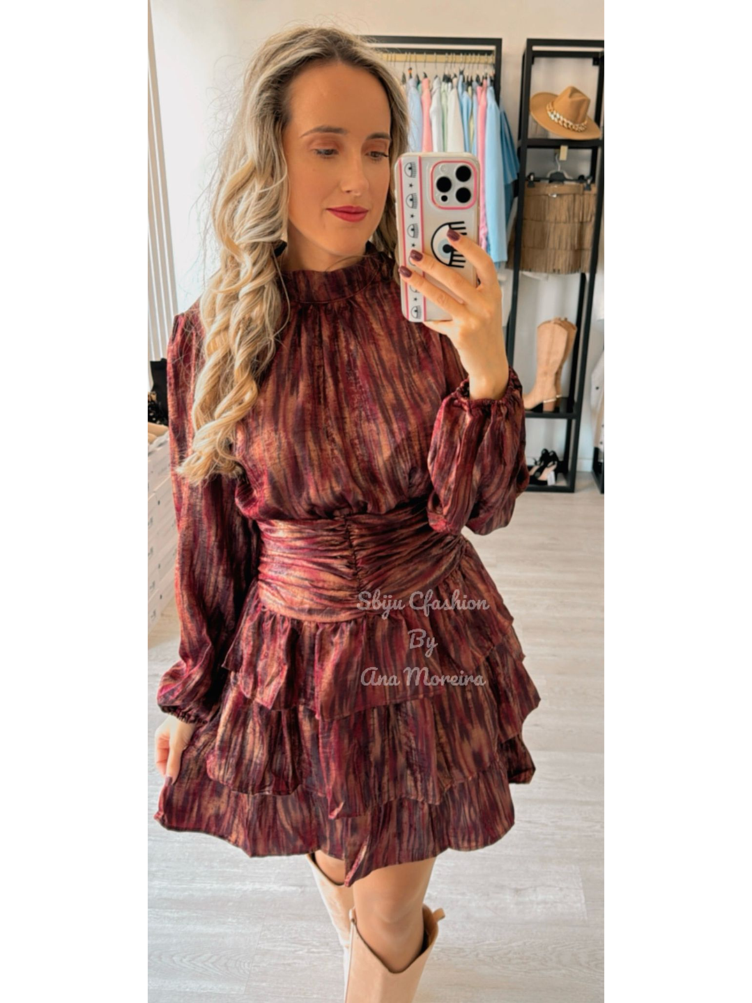 Vestido Bordô Estampado com Folhos 7