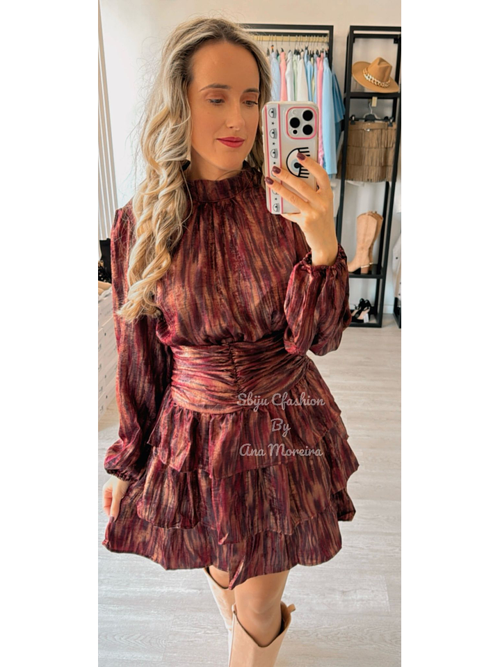 Vestido Bordô Estampado com Folhos 7