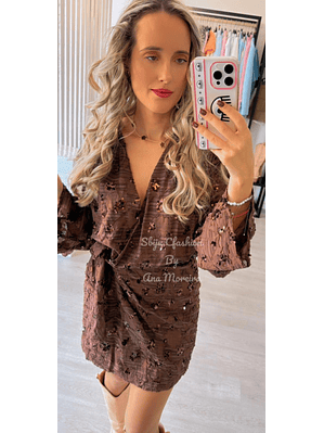 Vestido Castanho com Detalhes Brilhantes