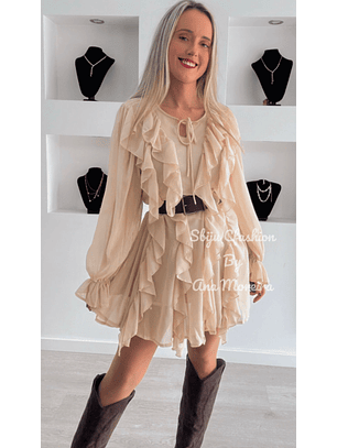 Vestido Curto com Folhos e Cinto