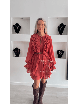 Vestido com Folhos e Manga Larga