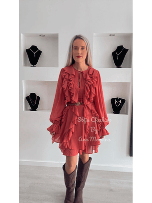 Vestido com Folhos e Manga Larga