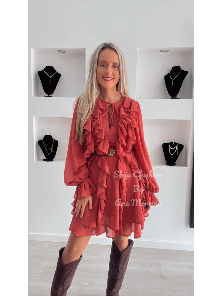 Vestido com Folhos e Manga Larga 4