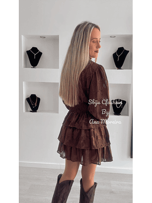 Vestido de Folhos Castanho com Padrão