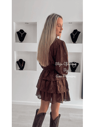 Vestido de Folhos Castanho com Padrão