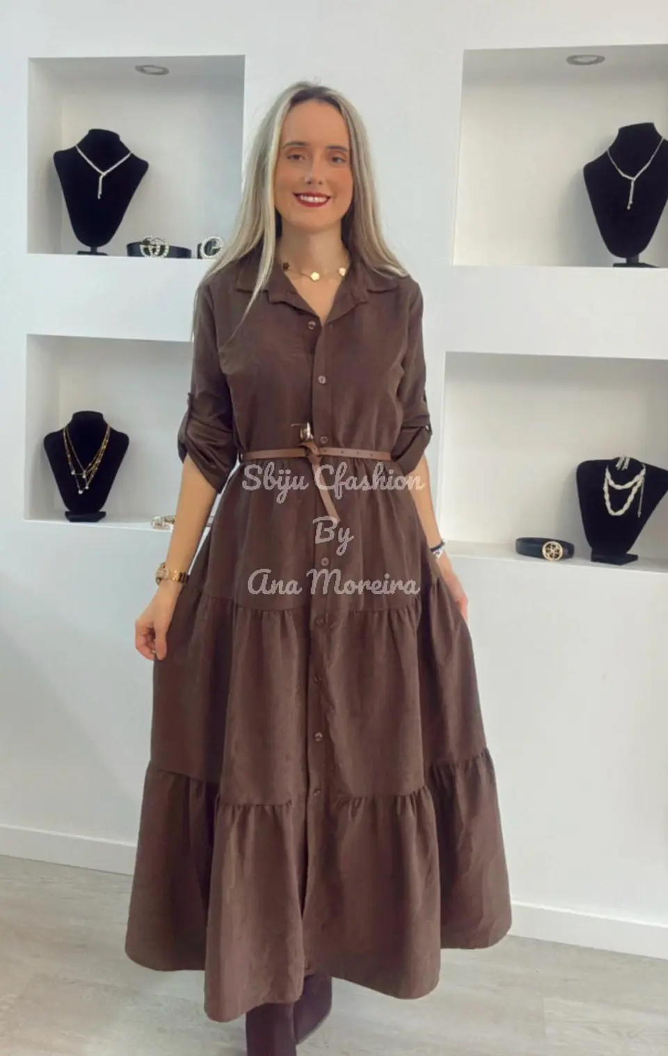 Vestido Comprido com Manga Ajustável e Cinto - TU 10