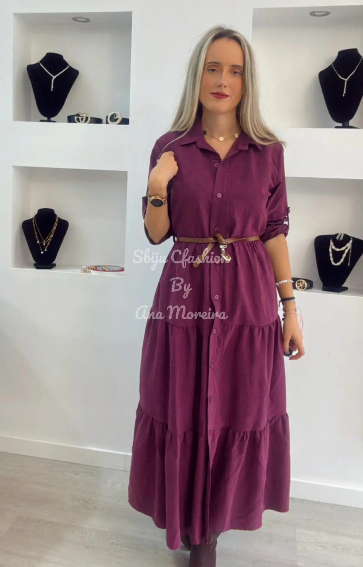 Vestido Comprido com Manga Ajustável e Cinto - TU 6