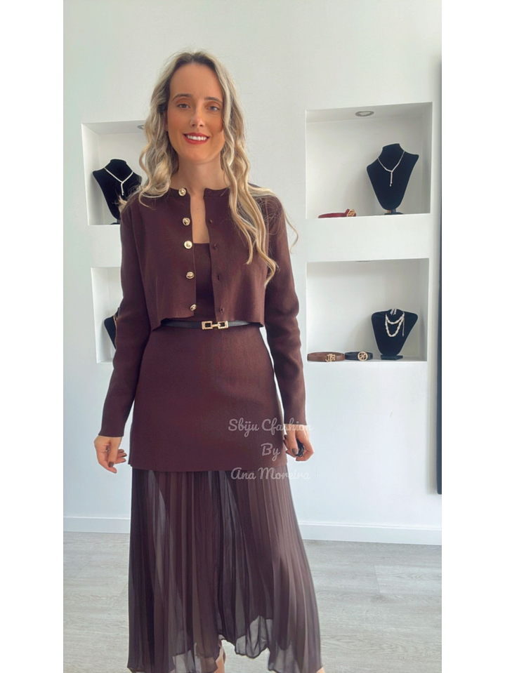 Conjunto de Vestido e Casaco em Malha com Cinto - TU 7