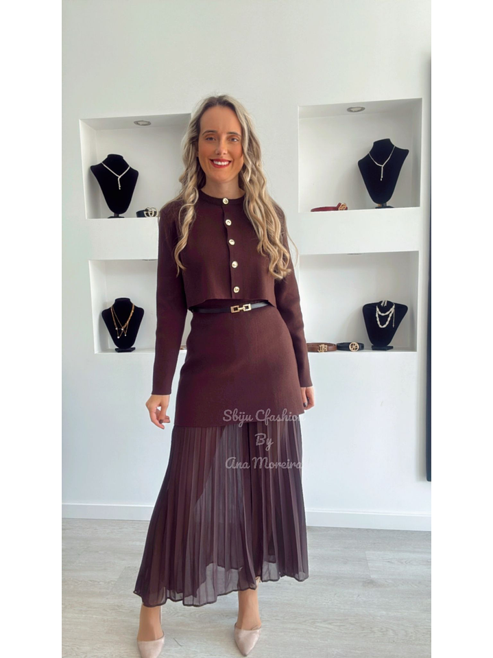 Conjunto de Vestido e Casaco em Malha com Cinto - TU 1