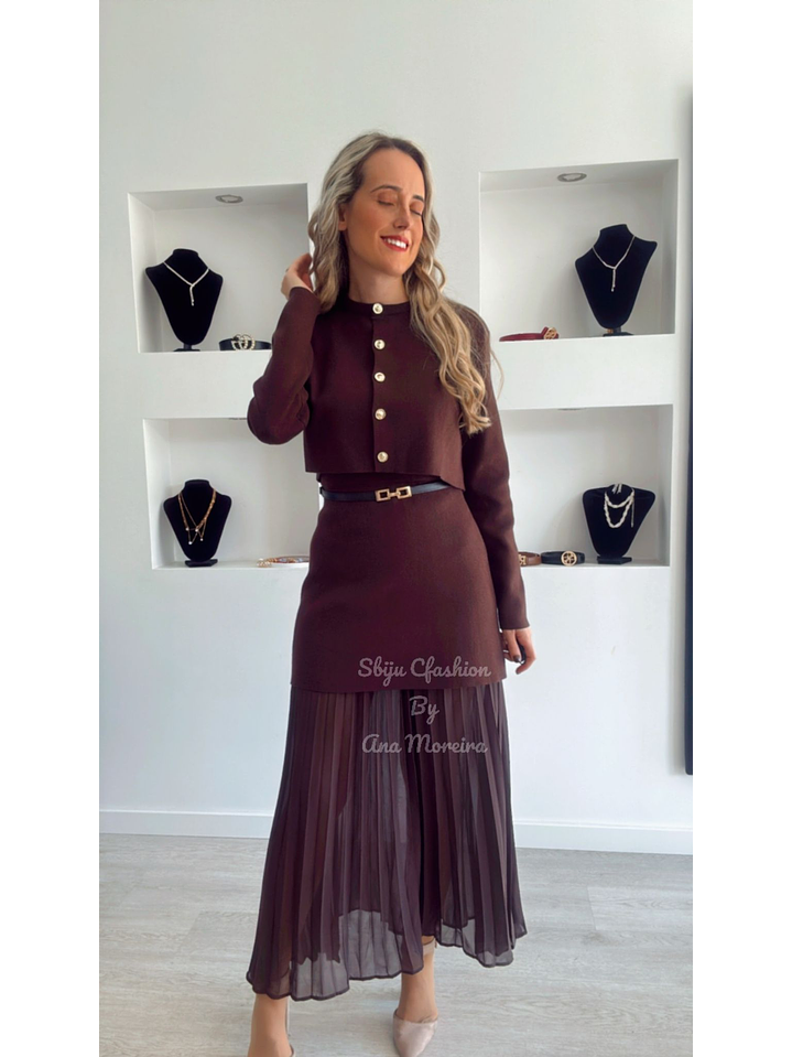 Conjunto de Vestido e Casaco em Malha com Cinto - TU 4