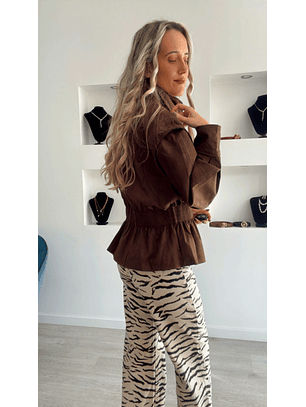 Casaco em Pele de Pêssego com Elástico na Cinta