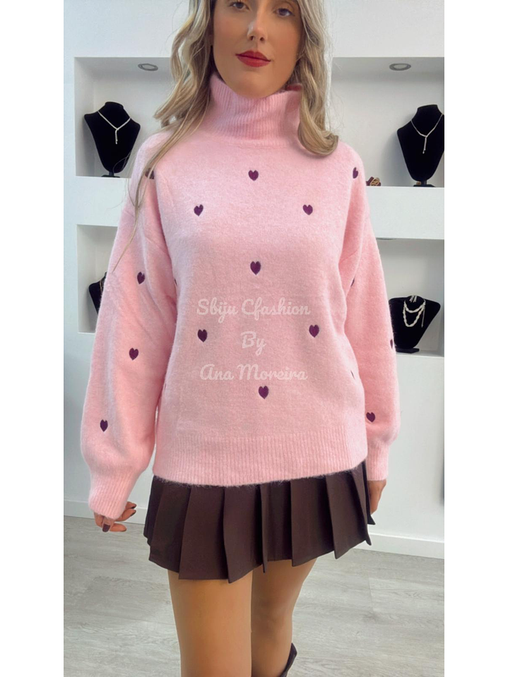 Camisola de Malha de Gola Alta com Corações - TU 4