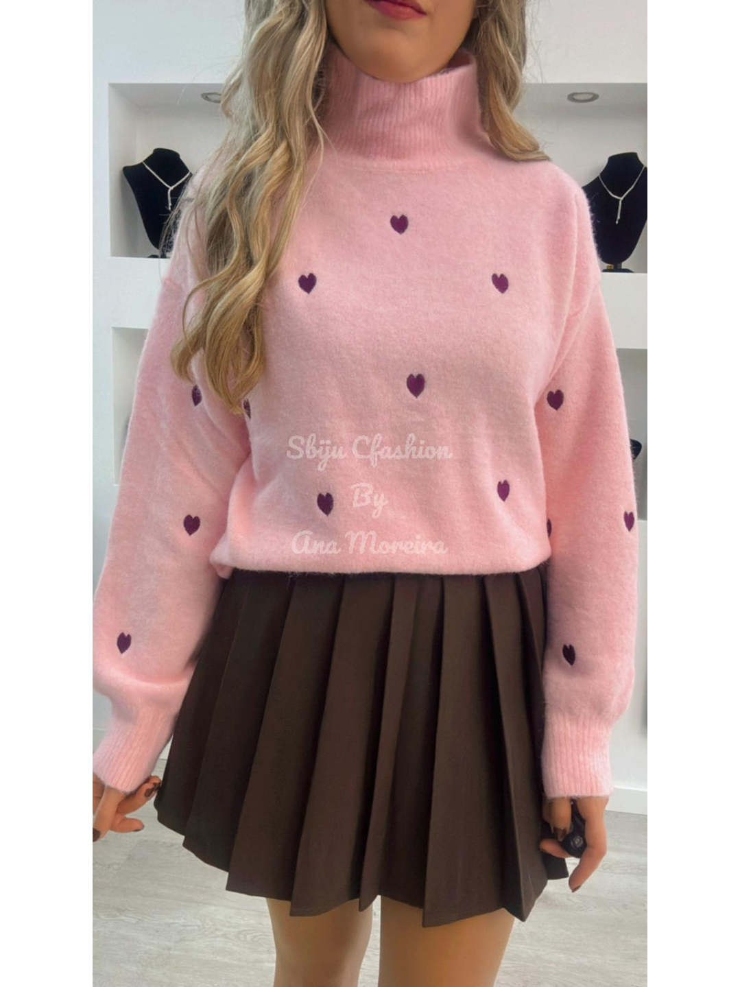 Camisola de Malha de Gola Alta com Corações - TU 6