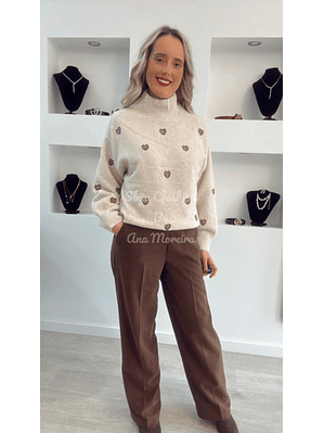 Camisola de Malha com Gola e Corações Castanhos - TU