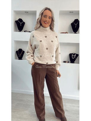 Camisola de Malha com Gola e Corações Castanhos - TU