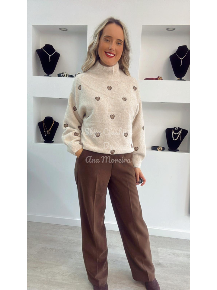 Camisola de Malha com Gola e Corações Castanhos - TU 1