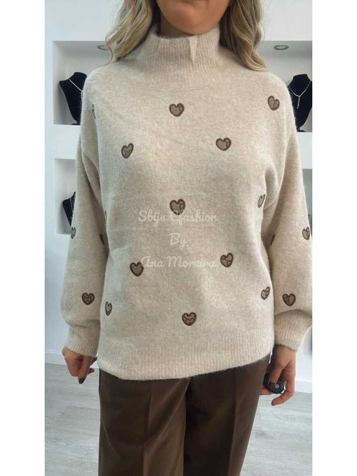 Camisola de Malha com Gola e Corações Castanhos - TU 4