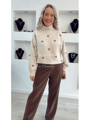 Camisola de Malha com Gola e Corações Castanhos - TU