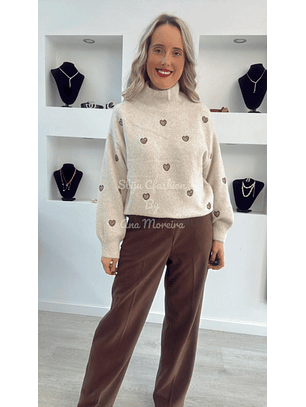 Camisola de Malha com Gola e Corações Castanhos - TU