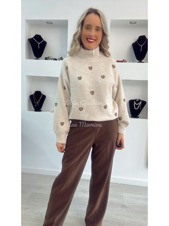 Camisola de Malha com Gola e Corações Castanhos - TU 2