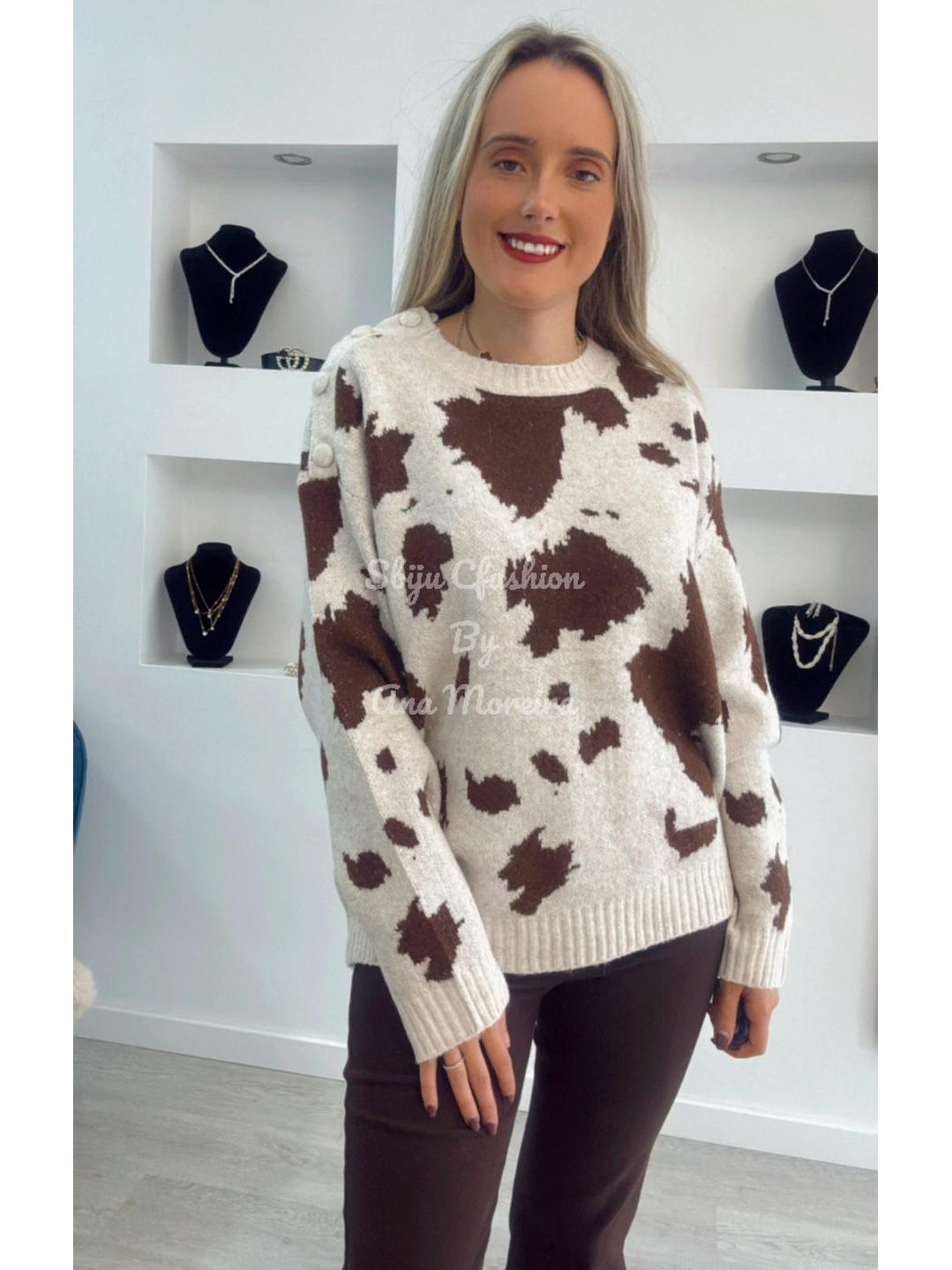 Camisola de Malha Cow Print com Botões no Ombro - TU 1