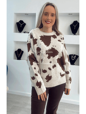 Camisola de Malha Cow Print com Botões no Ombro - TU