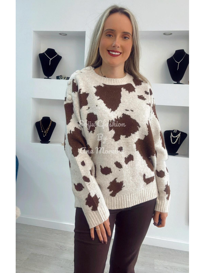 Camisola de Malha Cow Print com Botões no Ombro - TU 1