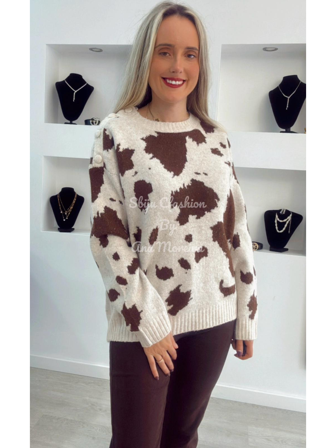 Camisola de Malha Cow Print com Botões no Ombro - TU 4