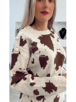 Camisola de Malha Cow Print com Botões no Ombro - TU