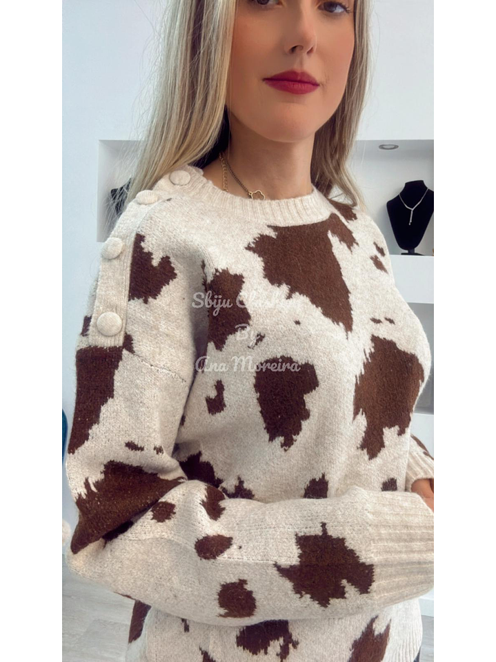 Camisola de Malha Cow Print com Botões no Ombro - TU 5