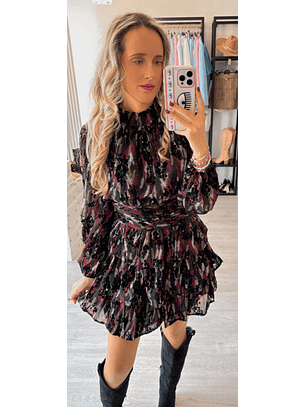 Vestido Preto com Folhos Estampado e Detalhes em Veludo