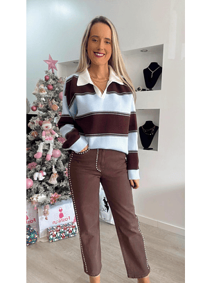 Polo às riscas com gola branca - TU