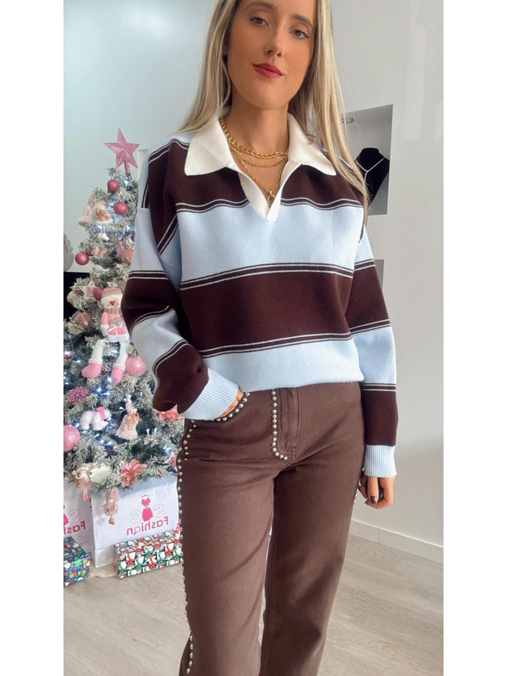 Polo às riscas com gola branca - TU 4