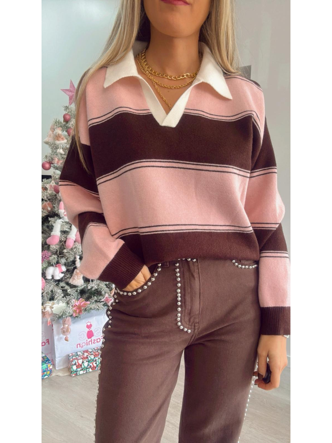 Polo às riscas com gola branca - TU 6