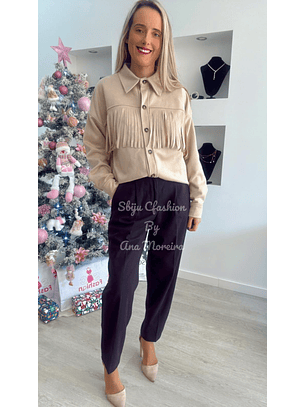 Camisa/Casaco em pele de pêssego com detalhe de franjas - TU