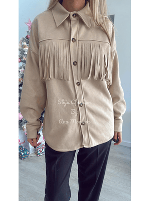 Camisa/Casaco em pele de pêssego com detalhe de franjas - TU