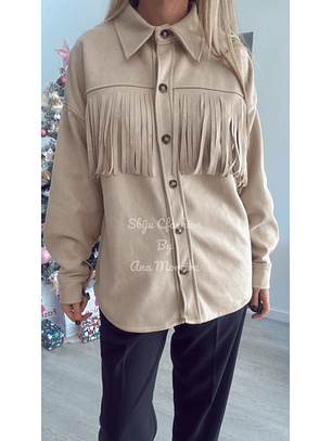 Camisa/Casaco em pele de pêssego com detalhe de franjas - TU