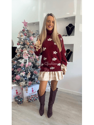 Vestido de malha com flores e folho acetinado - TU