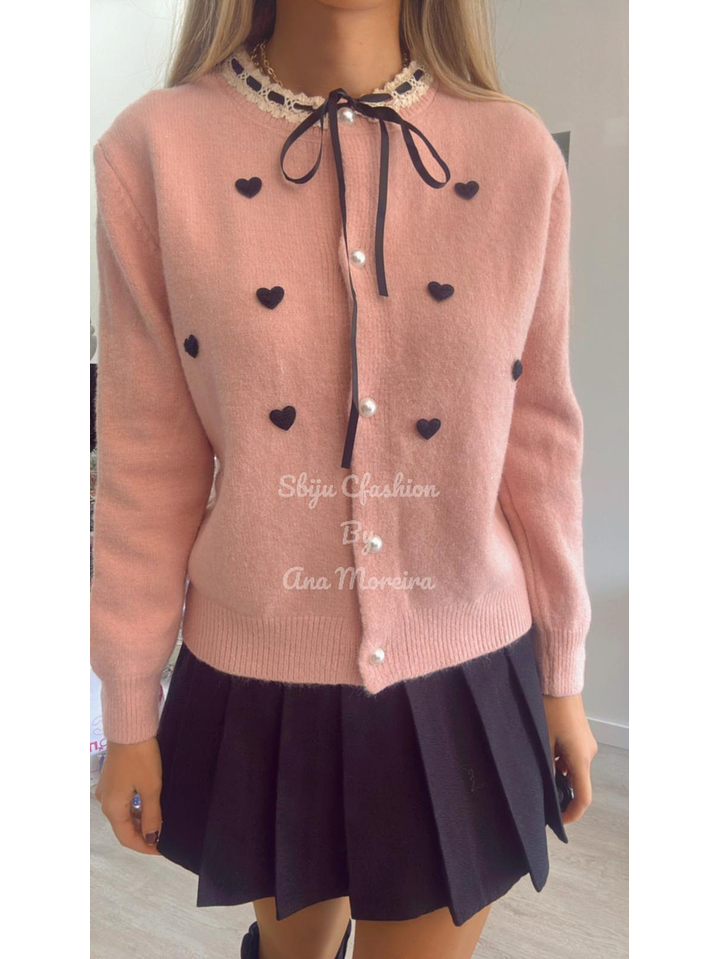 Casaco de malha com corações e botões em pérolas - TU 11